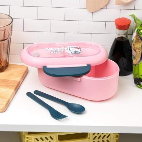 Image of Hello Kitty Bento Box - Officially Licensed Sanrio Lunch Box with Divider, Fork & Spoon Set, Dishwasher & Microwave Safe, Perfect for Work, School or Picnics | Paladone, Pink