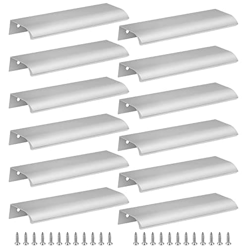 Image of Cjueiom 12 Pack Concealed Kitchen Cupboard Handles 128mm Hole Center Hidden Drawer Pulls, Finger Edge Pull Aluminum Cabinet Handle Invisible Door Knob for Wardrobe (150mm Total Length, Silver)