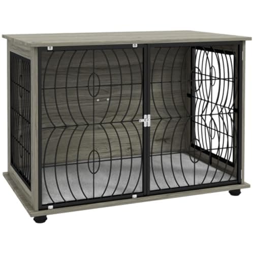 Image of PawHut Dog Crate Furniture, Dog Cage End Table with Large Top, Soft Washable Cushion, Lockable Front Door, Wire Mesh Ventilation, Indoor Pet Crate for Medium Sized, 80 x 56 x 63cm - Grey