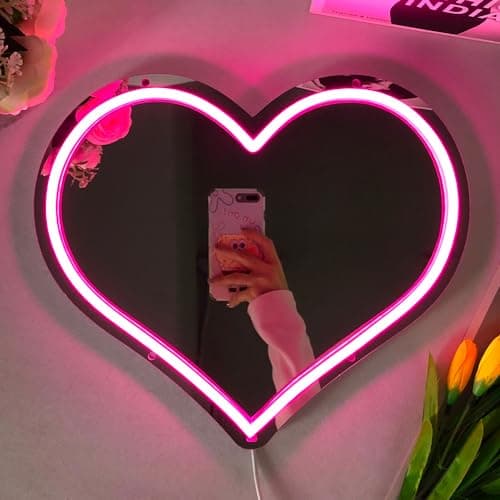 Image of Heart Neon Sign With Dimmer, Pink Love Mirror USB Powered LED Neon Light for Wall Decor Bedroom Party Studio Shop Wedding Anniversary Birthday Gifts for Lovers Girls