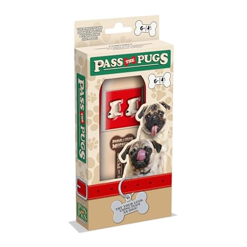 Image of Pass the Pugs Dice Game, the classic party and travel game, will you get a double faceplant or puppy love, first to 100 points wins, makes a great gift for ages 6 plus
