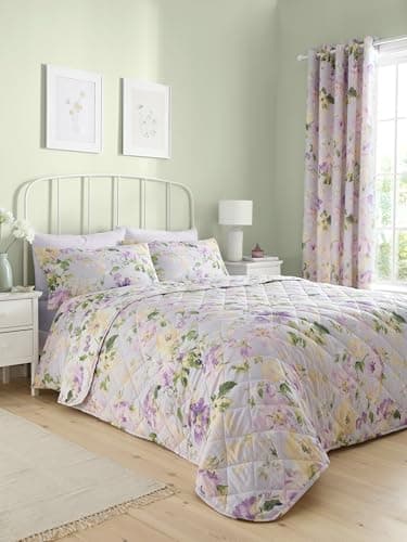Image of Dreams & Drapes - Heritage Florette Bedspread (230 x 230cm) - Purple Lilac Quilted Bedspread - Matching Bedding & Curtains Available - Purple Bedcover