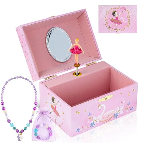 Image of hombrima Music Jewellery Box with Necklace Bracelet, Musical Jewelry Storage Case with Spinning Ballerina Gift Set for Kids Girls Children Daughter (Pink-PKBL2301)