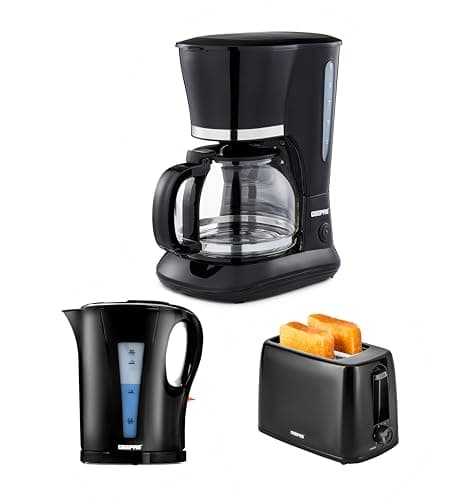 Image of GEEPAS 1.5L Filter Coffee Machine, 1.7L Electric Kettle & 2 Slice Toaster Combo Set | 800W Coffee Maker for Instant Coffee Espresso | 2200W Cordless Jug Kettle Auto Shut Off | 650W Toaster, Black
