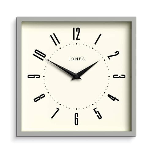 Image of Jones Clocks® Box wall clock | Retro square | 25cm | Grey | Easy to read numbers | Perfect kitchen or office clock