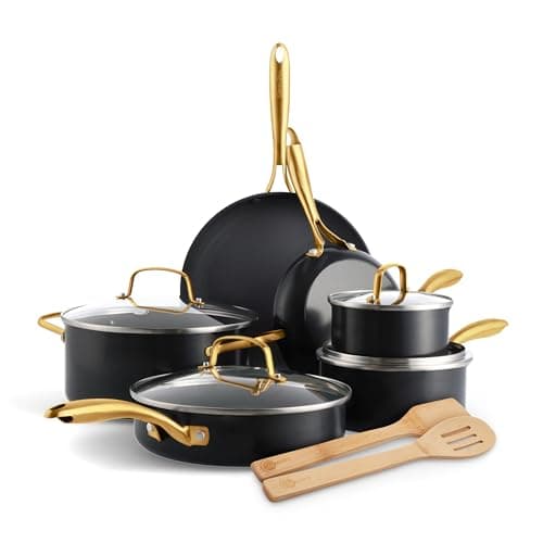 Image of GreenPan Swift 12 Piece Cookware Pot and Pans Set, PFAS & PFOA-Free Healthy Ceramic Nonstick, Gold Stainless Steel Handle, Versatile Cooking Essentials, Dishwasher & Oven Safe, Black