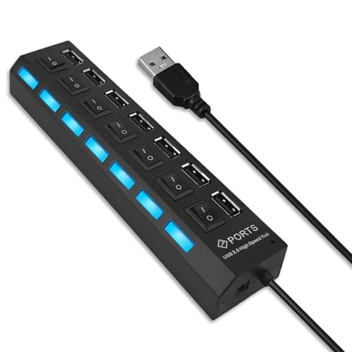 Image of USB Hub 7-Port,USB 2.0 Data with Individual On/Off Power, Multi USB Port Splitter Adapter USB Block for PC Laptop Desktop, Portable PC Hub USB Bank Extension for Data Transfer Devices