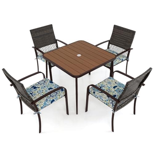 Image of COSTWAY 5 Pieces Patio Dining Set, Square Garden Table with 4 Rattan Armchairs, Removable Cushions & Umbrella Hole, Outdoor Wicker Conversation Furniture Set for Balcony Yard Poolside