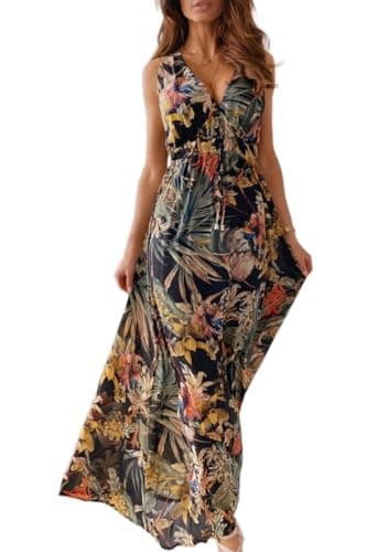 Image of CheChury Women Maxi Dress Summer Sleeveless V-Neck Floral Casual Long Dress Beach Boho Style Deep V Back Sundress Flowy Dresses,Black,XXL