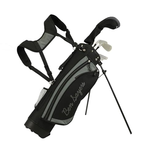 Image of Ben Sayers Junior Stand Bag Golf Package Set | Kids Starter with 4 Clubs | Lightweight Graphite Shafts & Soft Grips | Oversize Driver, Irons, Putter, Bag & Headcovers (Black/Grey, 9-11 years)