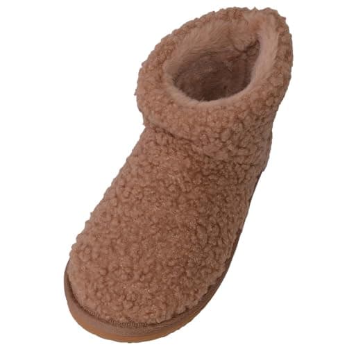 Image of ABSOLUTE FOOTWEAR Womens Easy Slip On Teddy Fleece Bootie Slipper with Faux Fur Inner - Tan - UK 5 / EU 38