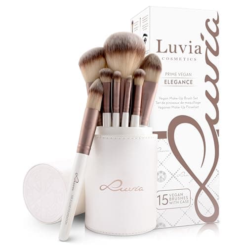 Image of Luvia Prime Vegan Pro Make-Up Brush Set, 12 Makeup Brushes Including Brush Storage, Blender Sponge & Cleaning Mat for Cosmetic Brushes, Mother of Pearl & Coffee