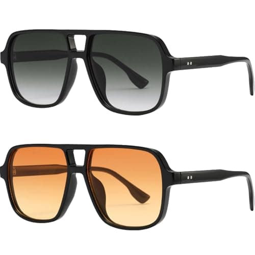 Image of Fjquamitix 2 Pack Retro Square Sunglasses Womens Mens Oversized Vintage Polarised Sunglasses PC Double Bridge Sun Glasses UV400 Protection Travel Driving Outdoor (2, Black/Grey+Black/Yellow)