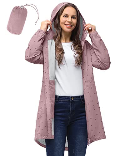 Image of 33,000ft Women's Rain Jacket Lightweight Hooded Long Rain Coat Waterproof Jacket Ladies Packable Functional Jacket Windbreaker Breathable Active Outdoor Coats Dotted Pink XL/16