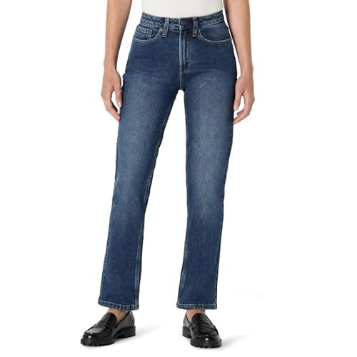 Image of Amazon Essentials Women's High-Rise Straight Leg Jeans, Stone Dark Wash, 14-16 Long