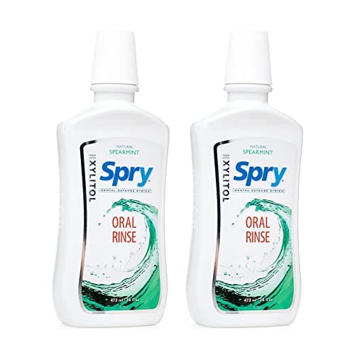 Image of Spry Natural Xylitol Mouthwash Fluoride Free with Enamel Support, Gentle Alcohol Oral Rinse, Non-GMO, Spearmint - 16 fl oz (Pack of 2)