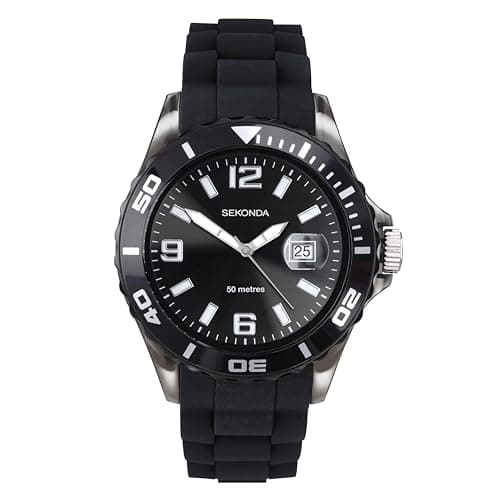 Image of Sekonda Mens 44 mm Black Analogue Watch Magnified Date Bubble and Silicone Strap Water Resistant 50 m