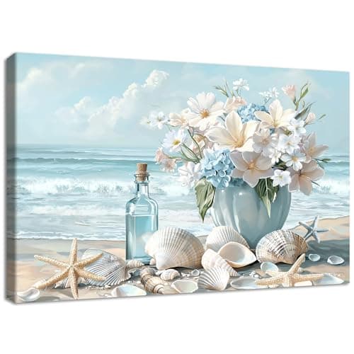 Image of Wooden Framed Canvas Wall Art Blue Ocean Coastal Seascape Painting on Canvas Prints Poster Hydrangea Lilies Flower in Vase Pictures for Living Room Bedroom Home Hallway Corridor Wall Decor 30x40cm