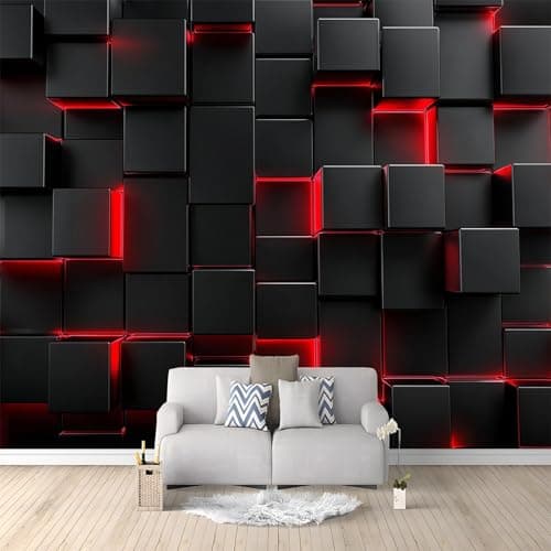 Image of Wallpaper Murals Black and Red Square Geometry 250x175 cm 3D Art Photo Wallpaper, HD Print Wall Mural Giant Poster, Modern Living Room Bedroom Kids Room Backdrop Wall Decor