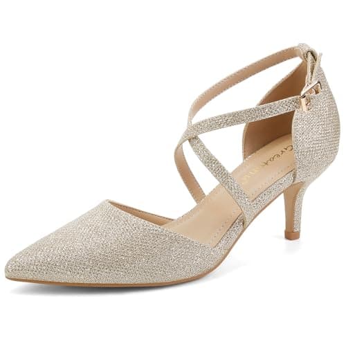 Image of Greatonu Womens Court Shoes Pointed Toe Kitten Mid Low Heel Sandals Ladies Ankle Strap Pumps Gold Size 7