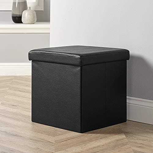 Image of Home Source Folding Ottoman, Faux Leather Fabric Storage Square Box, Black