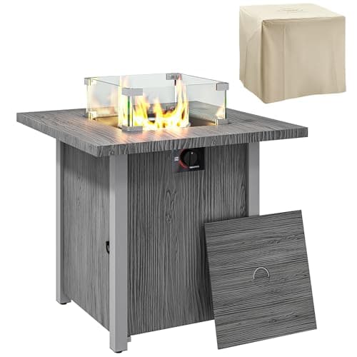 Image of Outsunny Propane Gas Fire Pit Table for Garden, 40000 BTU Smokeless Firepit Outdoor Heater with Waterproof Cover, Glass Screen, Glass Beads and Lid, Wood Effect, 71 x 71 x 62.5cm, Dark Grey