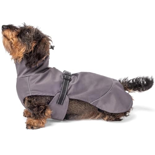 Image of Bunty Small Waterproof Dog Coat - Adjustable Fleece Lined Jacket with Reflective Piping | Harness Hole | Dog Raincoats Waterproof for All Breeds | Small, 35cm, Grey
