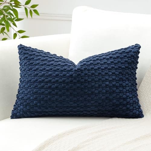 Image of Artscope Pom Poms Decorative Corduroy Cushion Cover 30x50cm Super Soft Boho Striped Lumbar Pillow Covers Case Geometric for Sofa Couch Bedroom Car Decor Set of 1, Navy Blue