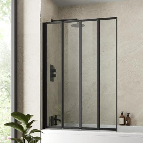 Image of Luxura® 4 Panel 1000 x 1400mm Black Over Bath Shower Screen Folding Hinged Door Glass Panels & Screens for Baths, 4mm Toughened Safety Glass, 180° Pivot Swing, Reversible