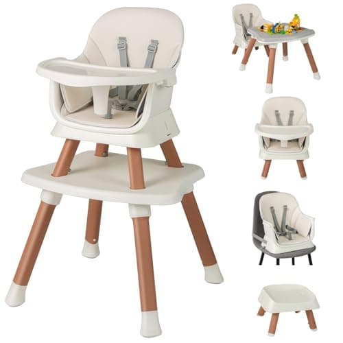 Image of Maxmass 6 in 1 Convertible Baby High Chair, Highchair Converts to Table & Chair Set, Infant Feeding Chair with Harness, Removable Tray, High Chairs for Babies Toddlers (Beige+Natural, 58x58x98cm)