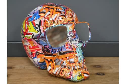 Image of Venture Vehicles Ltd Graffiti Style Colourful Skull Ornament with Mirrored Shades Sunglasses | Resin Ornament