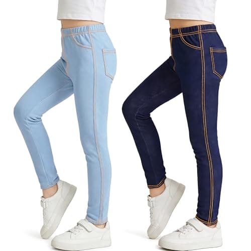 Image of Tokeya Girls Leggings Jeans-Look, Kids Elastic Waist Full Length Trousers Denim Skinny Fit Stretchy Jeggings with Pockets Pants Casual Wear for Children 9-10 Years Pack of 2, Navy Blue and Light Blue