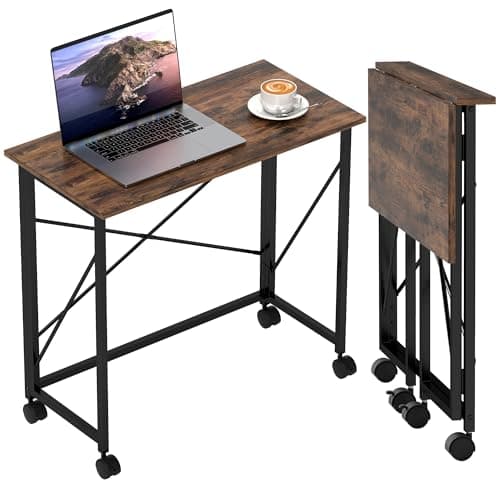 Image of HOMCOM Small Folding Desk, 80 cm Foldable Computer Desk on Wheels for Small Space, Easy Assembly, Space Saving Writing Table for Home Office, Bedroom, Rustic Brown