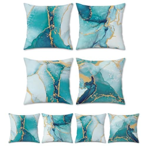 Image of Bonhause Teal Marble Cushion Covers 45 x 45 cm Double Sided Turquoise Gold Abstract Modern Decorative Throw Pillow Covers for Sofa Patio Home Decor Set of 4