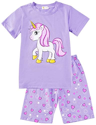 Image of Little Hand Girls Pyjamas Set Unicorn Print Girls Pjs Short Sleeve Cotton Sleepwear Tops Shirts & Pants for Age 6-7 Years