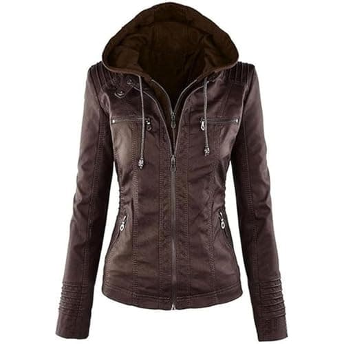 Image of Women's Lightweight Leather Jacket Waterproof Motorcycle Bomber Jacket Vintage PU Moto Biker Coat With Removable Hood, coffee, L