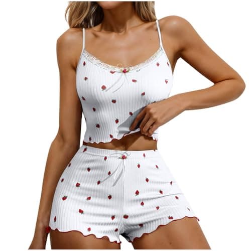 Image of NSICBMNO White Short Pjs For Women Sets Sexy Nightwear Strawberry Pyjamas Ribbed Loungewear Sets Crop Tank Tops Lace Vest Cami Ruffle Shorts Pj Shorts Set Summer Pyjamas 2 Piece Outfits Sleepwear