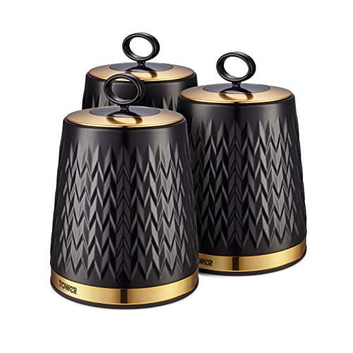 Image of Tower T826091BLK Empire Set of 3 Storage Canisters for Tea Coffee Sugar, 1.3L, Black and Brass
