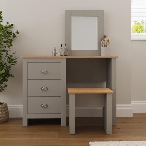 Image of GFW Lancaster Dressing Table 3 Drawers Set. Make Up & Hair Vanity Table With Drawers, Large Mirror & Oak Wooden Stool And Top, Modern Bedroom Makeup Desk, Grey, H-131cm x W-104cm x D-44cm
