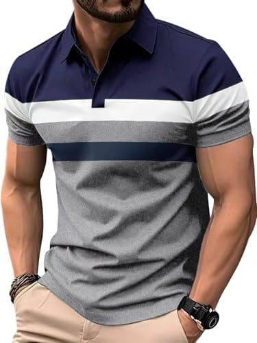 Image of Comilaka Men's Polo Shirts Short Sleeve Casual Striped Shirts Contrast Color Patchwork Summer T Shirts Grey
