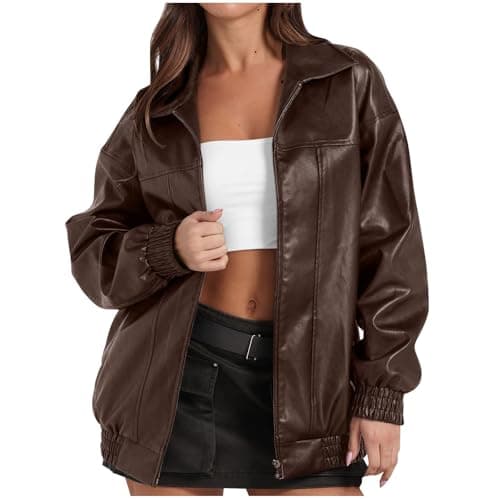 Image of Yolimok Leather Jacket for Women UK Sale,Faux Leather Oversized Coats with Pockets Women's Waterproof Jacket Long Sleeves Zip Up Motorcycle Bomber Jackets Y2k Tops Outfits Winter Coat Clothes