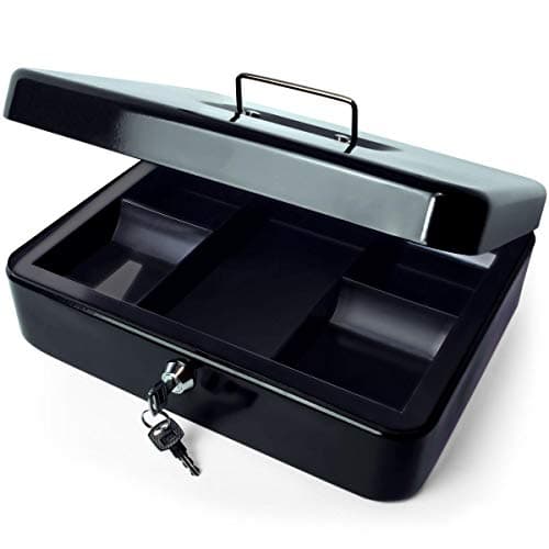Image of iGadgitz Home U7171 Petty Cash Box with Keys and Coin Tray, Petty Cash Tin, Money Tin -Black -12" (30cm)