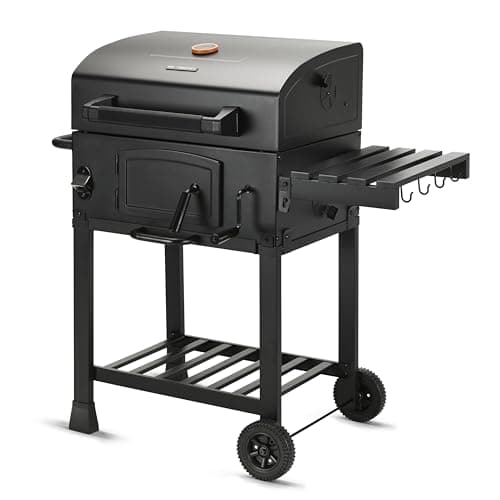 Image of Big Smokey Black Label Charcoal BBQ | American Style Barrel Grill with Cast Iron Cooking Grates, Adjustable Charcoal Tray, Temperature Gauge, Side Table & Wheels | Outdoor Garden Barbecue