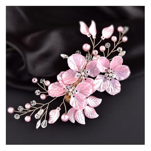 Image of ZOONAI Bride Flower Rhinestone Wedding Hair Comb for Women Girls,Floral Pearl Bridal Hair Piece Side Combs Wedding Party Hair Pin Hair Accessories (Pink With Gold Clip)
