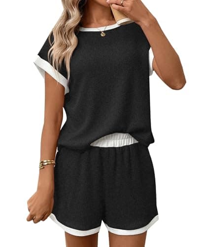 Image of MINTLIMIT 2 Piece Sets for Women Summer Outfits Cute Stripe Knit T Shirts Shorts Matching Vacation Trendy Lounge Set(Charcoal,M)
