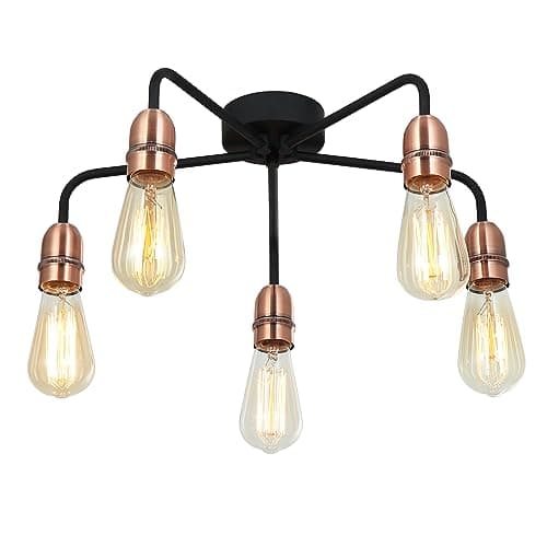 Image of HARPER LIVING 5-Light Semi Flush Ceiling Lights, Chandelier Ceiling Lights Black with Copper Finish, E27/ES, 3x40W Vintage Ceiling Lamp for Living Room Bedroom Kitchen Hallway
