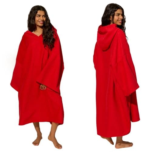 Image of Brentfords Towel Poncho Adult Womens, Quick Dry Beach Towels for Adults Hooded Large Bath Swim Surf Beach Absorbent Soft Microfibre Towel Changing Robe, Red