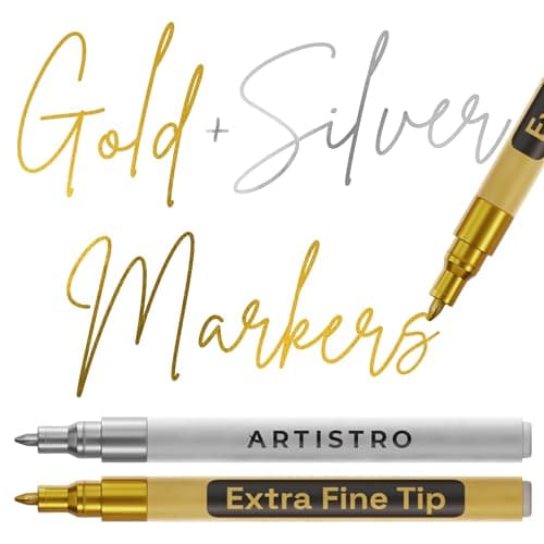 Image of ARTISTRO 2 Gold & Silver Metallic Acrylic Paint Pens for Rock, Ceramic, Wood, Glass, Metal, Fabric, Plastic - 0.7mm Extra-Fine Tip Paint Markers - Ideal for Scrapbooking, DIY Crafts & Art Projects