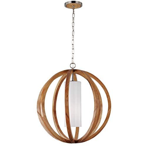 Image of 1 Bulb Ceiling Pendant Light Fitting - Light Wood/Brushed Steel - LED E27 75W Bulb