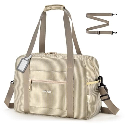 Image of SPAHER for Ryanair Cabin Bags 40x30x20 Underseat Wizzair Carry on Hand Luggage Foldable Travel Duffel Bag 25L Holdall Tote for Women and Men for Travel Overnight Hospital Weekend, Khaki Stripe